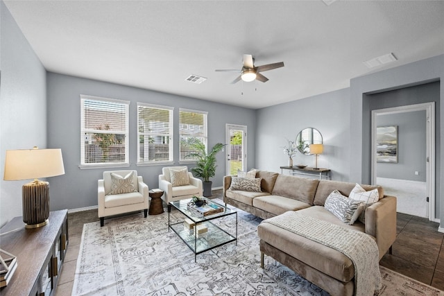 living room with ceiling fan