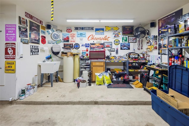 garage with a workshop area