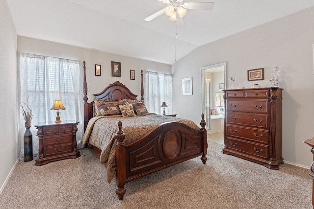 carpeted bedroom featuring lofted ceiling and ceiling fan