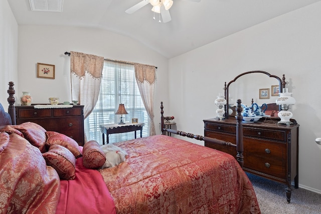 carpeted bedroom featuring lofted ceiling and ceiling fan