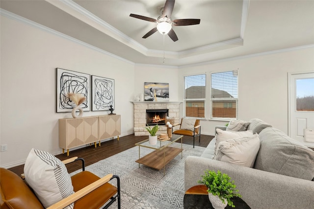 21005 Isle Of Glass St, Pflugerville, TX 78660 - living area featuring ornamental molding, ceiling fan, wood finished floors, a fireplace, and a raised ceiling