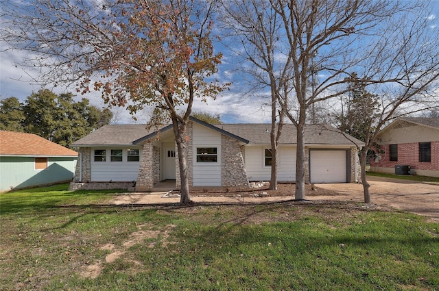 ranch-style home with a garage and a front lawn