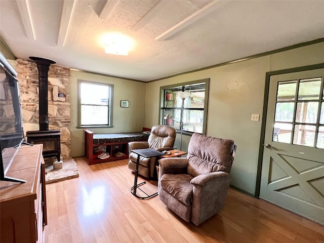 sitting room featuring plenty of natural light, light wood-type flooring, a textured ceiling, and a wood stove