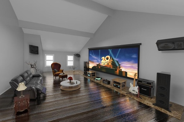 cinema room featuring vaulted ceiling with beams and hardwood / wood-style floors