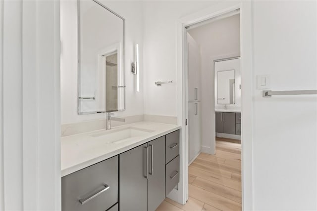 608 Whispering Oaks Dr, Salado, TX 76571 - bathroom featuring vanity, wood finished floors, and baseboards