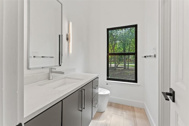 bathroom featuring toilet, baseboards, wood finished floors, and vanity