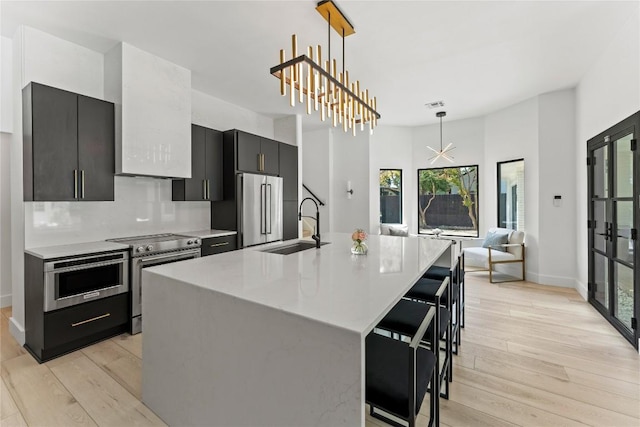 kitchen with light countertops, dark cabinetry, a sink, and high quality appliances