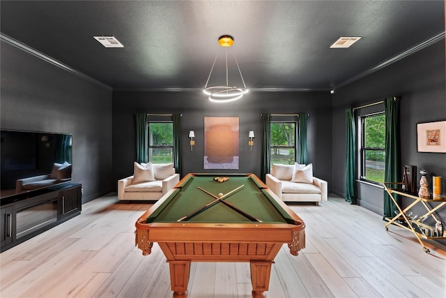 game room featuring pool table, wood finished floors, and visible vents