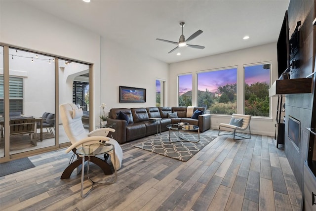 living room featuring ceiling fan and hardwood / wood-style floors