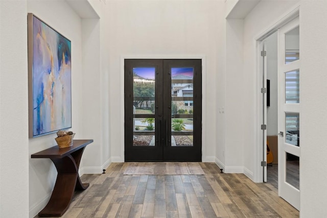 foyer entrance featuring french doors and wood-type flooring