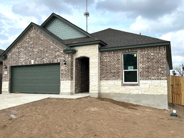 view of front of property with a garage, concrete driveway, roof with shingles, fence, and brick siding