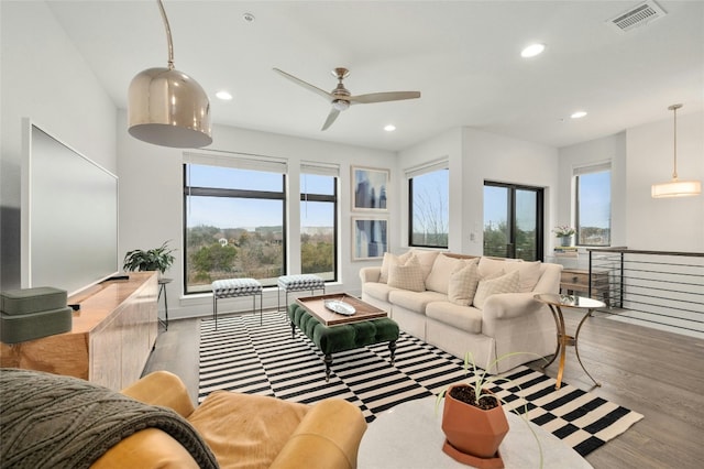 living room with hardwood / wood-style flooring and ceiling fan