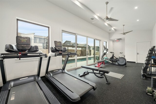 2050 Lohmans Spur Rd Unit 101, Lakeway, TX 78734 - workout area featuring ceiling fan and recessed lighting