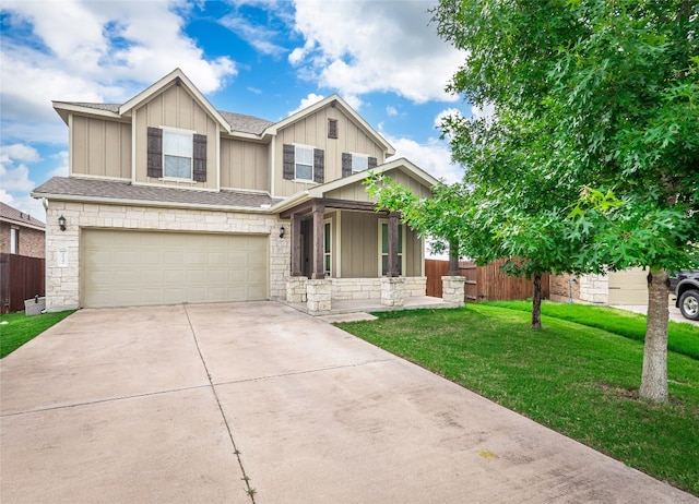 237 Andele Way, Liberty Hill, TX 78642 - craftsman-style house featuring stone siding, driveway, an attached garage, covered porch, and board and batten siding