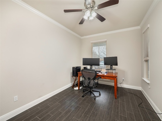 237 Andele Way, Liberty Hill, TX 78642 - office with baseboards, ornamental molding, dark wood-style flooring, and ceiling fan