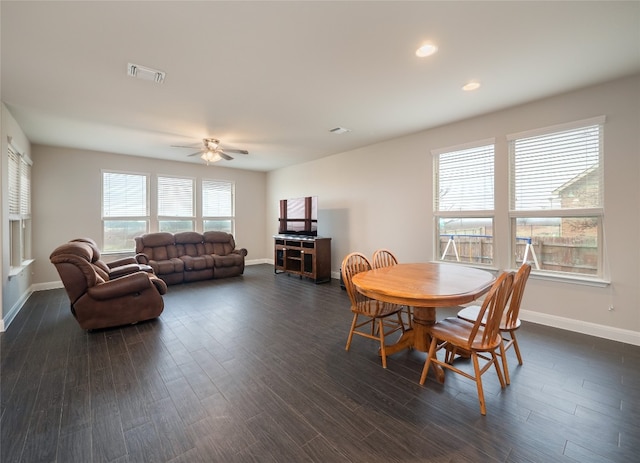 237 Andele Way, Liberty Hill, TX 78642 - dining room with a ceiling fan, dark wood-style floors, baseboards, and recessed lighting