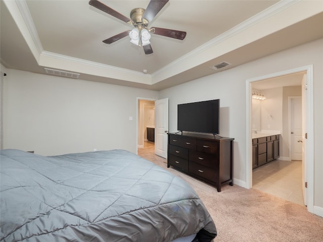 237 Andele Way, Liberty Hill, TX 78642 - bedroom with ornamental molding, light colored carpet, baseboards, a tray ceiling, and a ceiling fan