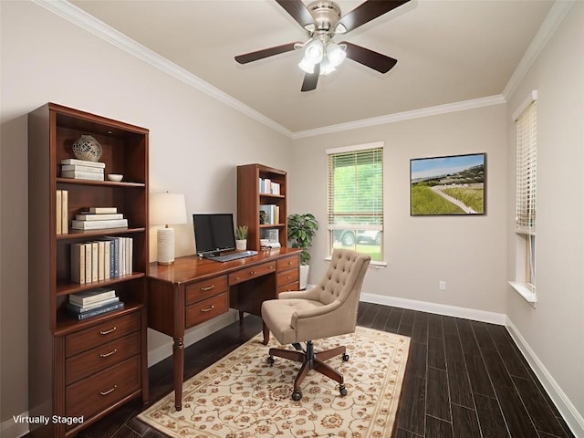 237 Andele Way, Liberty Hill, TX 78642 - office space featuring ornamental molding, dark wood finished floors, and a ceiling fan