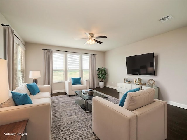 237 Andele Way, Liberty Hill, TX 78642 - living area featuring ceiling fan and dark wood-style floors