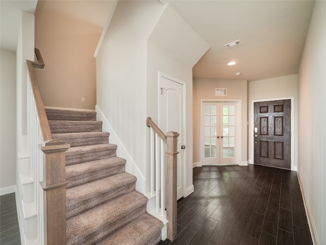 237 Andele Way, Liberty Hill, TX 78642 - foyer entrance featuring stairs, dark wood-type flooring, recessed lighting, and french doors