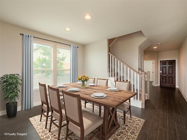 237 Andele Way, Liberty Hill, TX 78642 - dining area featuring dark wood-style floors, stairway, and recessed lighting