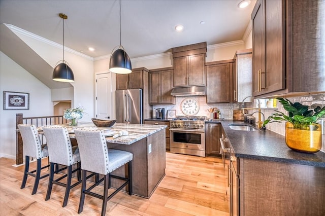 kitchen with sink, premium appliances, hanging light fixtures, a center island, and light hardwood / wood-style flooring