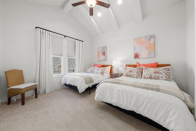 bedroom with carpet floors, vaulted ceiling with beams, and ceiling fan