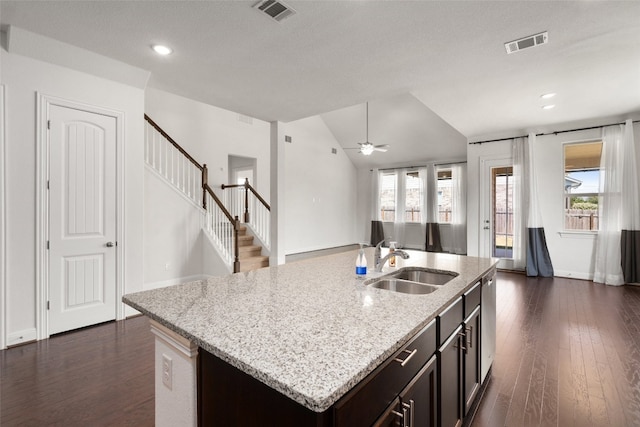 kitchen featuring vaulted ceiling, sink, dark hardwood / wood-style flooring, and a kitchen island with sink