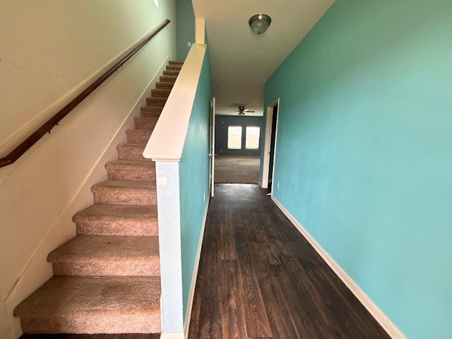 2709 Calypso Pl, Texas City, TX 77568 - stairs with wood finished floors, ceiling fan, and baseboards
