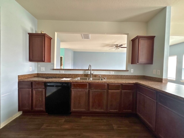 kitchen featuring dark wood-type flooring, sink, dishwasher, kitchen peninsula, and ceiling fan