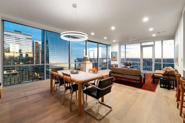 dining room featuring expansive windows and light wood-type flooring