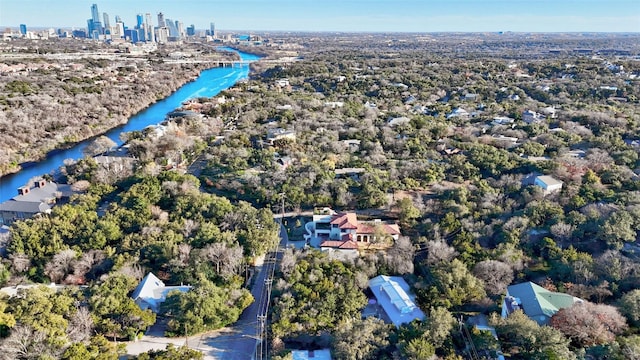 drone / aerial view with a water view