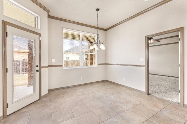 unfurnished dining area with an inviting chandelier, light tile patterned floors, and ornamental molding