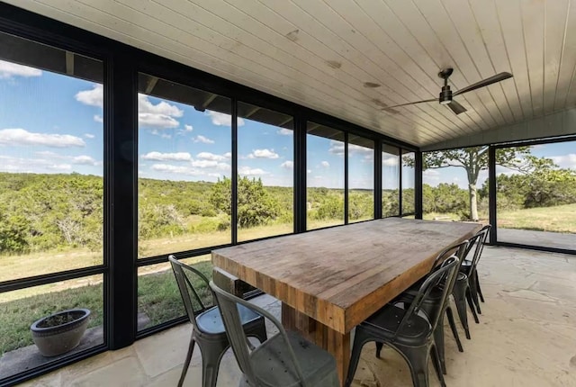 sunroom with wooden ceiling and ceiling fan