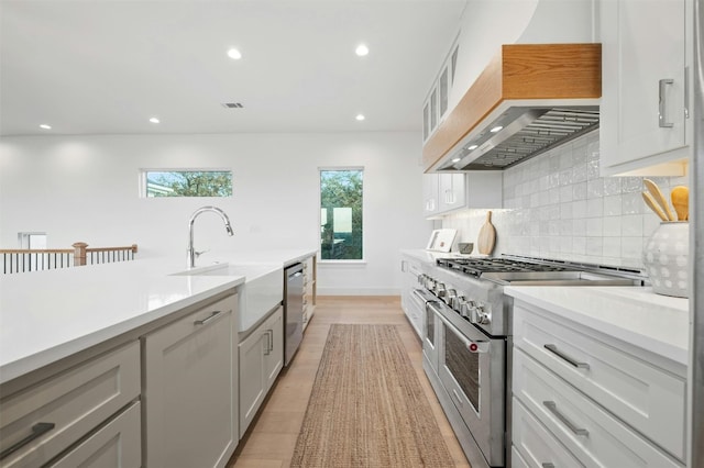 kitchen featuring sink, appliances with stainless steel finishes, light hardwood / wood-style floors, decorative backsplash, and custom exhaust hood