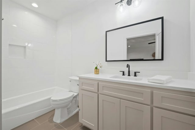 full bathroom featuring tile patterned floors, shower / washtub combination, toilet, and vanity