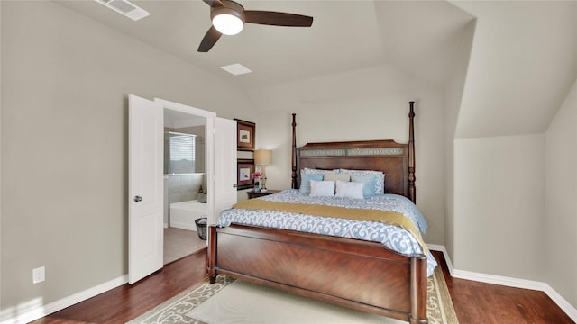 bedroom with vaulted ceiling, wood-type flooring, and ceiling fan