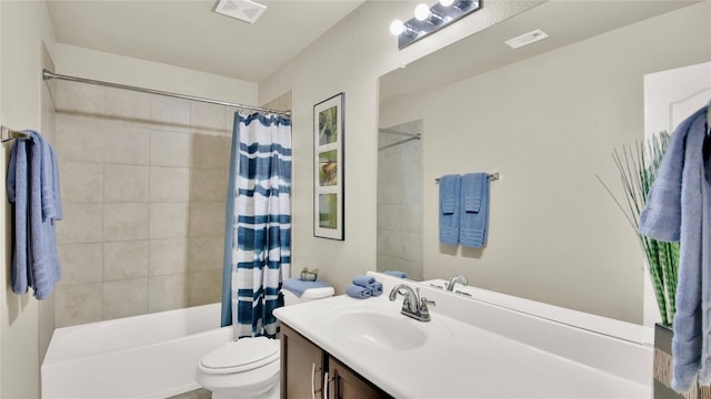 full bath with toilet, visible vents, shower / bath combination with curtain, and vanity