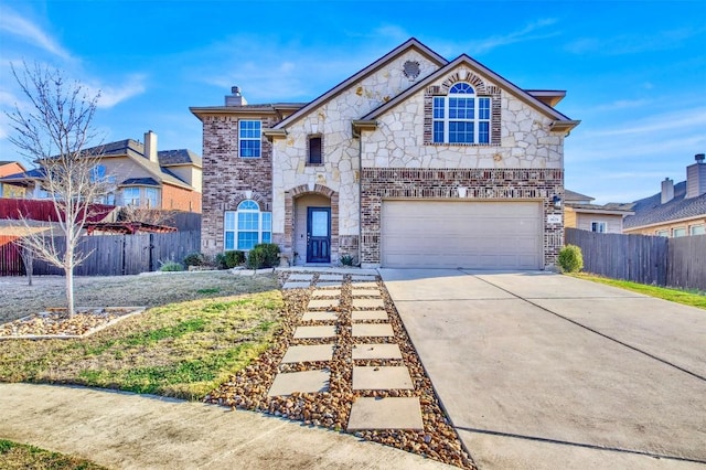 french provincial home featuring brick siding, a chimney, an attached garage, fence, and driveway