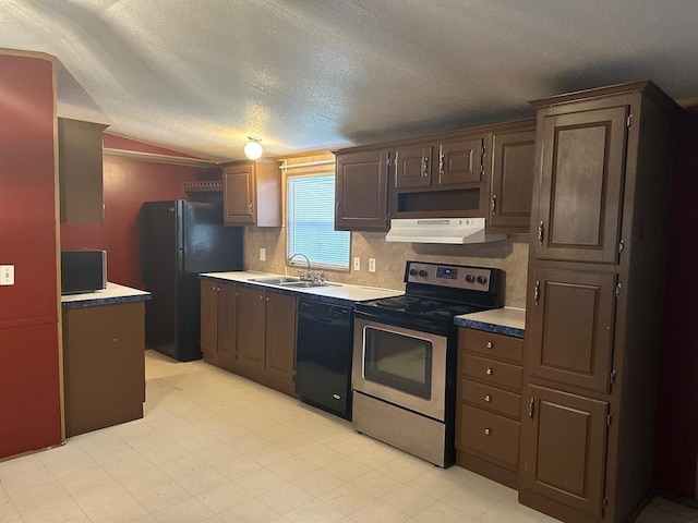 kitchen featuring sink, decorative backsplash, dark brown cabinetry, black appliances, and a textured ceiling