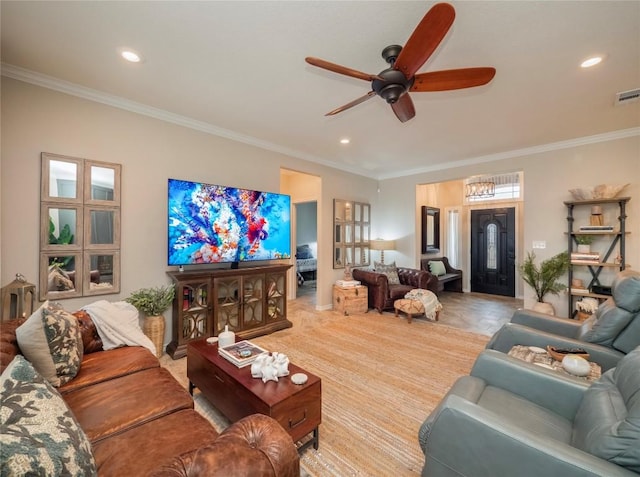 112 Chaumont St, Kingsland, TX 78639 - living room with a ceiling fan, crown molding, and recessed lighting