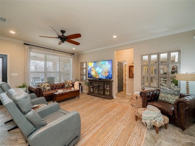 112 Chaumont St, Kingsland, TX 78639 - living room featuring visible vents, a ceiling fan, ornamental molding, and recessed lighting