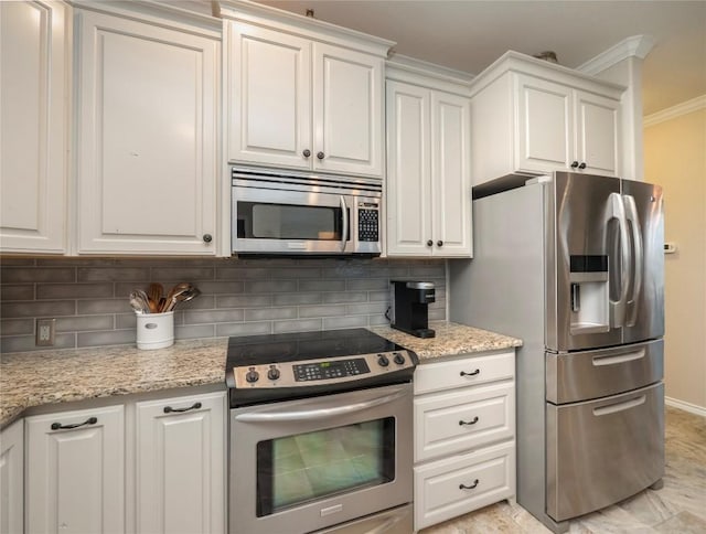 112 Chaumont St, Kingsland, TX 78639 - kitchen with appliances with stainless steel finishes, crown molding, white cabinetry, backsplash, and light stone counters