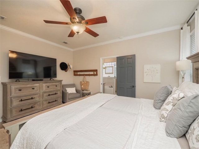 112 Chaumont St, Kingsland, TX 78639 - bedroom with ceiling fan, visible vents, and crown molding