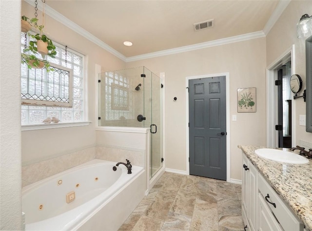 112 Chaumont St, Kingsland, TX 78639 - full bath featuring crown molding, a whirlpool tub, a shower stall, and visible vents