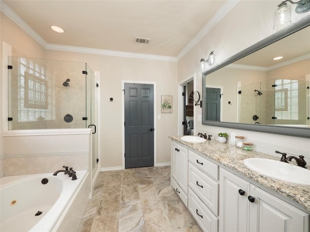 112 Chaumont St, Kingsland, TX 78639 - bathroom featuring a shower stall, visible vents, a sink, and double vanity