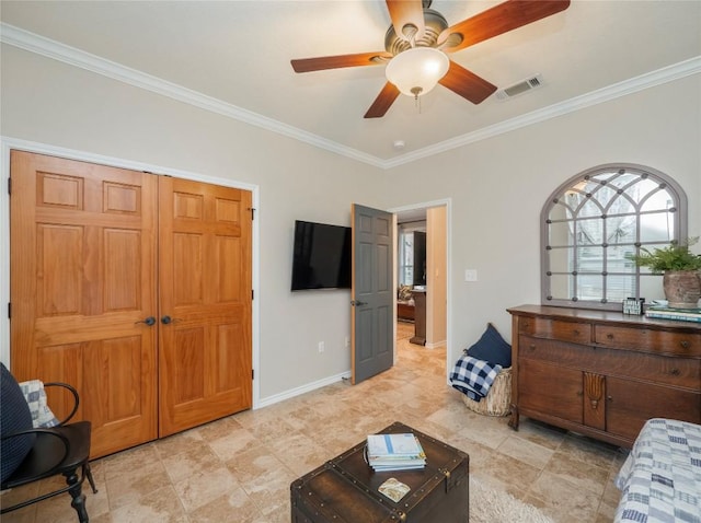 112 Chaumont St, Kingsland, TX 78639 - living area featuring ornamental molding, ceiling fan, and baseboards