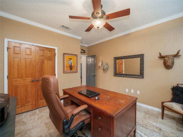112 Chaumont St, Kingsland, TX 78639 - office with crown molding, visible vents, baseboards, and a ceiling fan