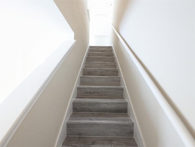 stairway with hardwood / wood-style floors