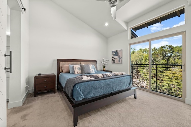 bedroom featuring high vaulted ceiling, carpet floors, baseboards, access to exterior, and recessed lighting